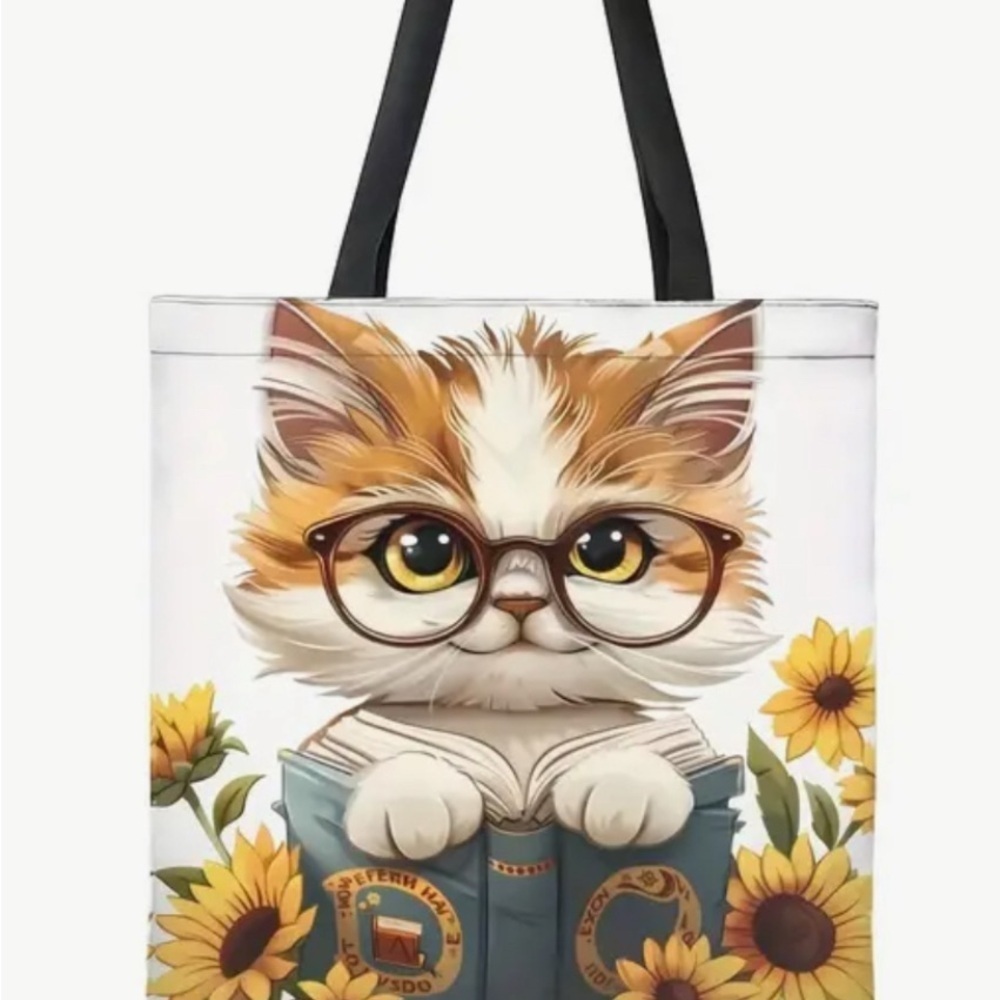 Cute Cat Tote Bag with Sunflower Design